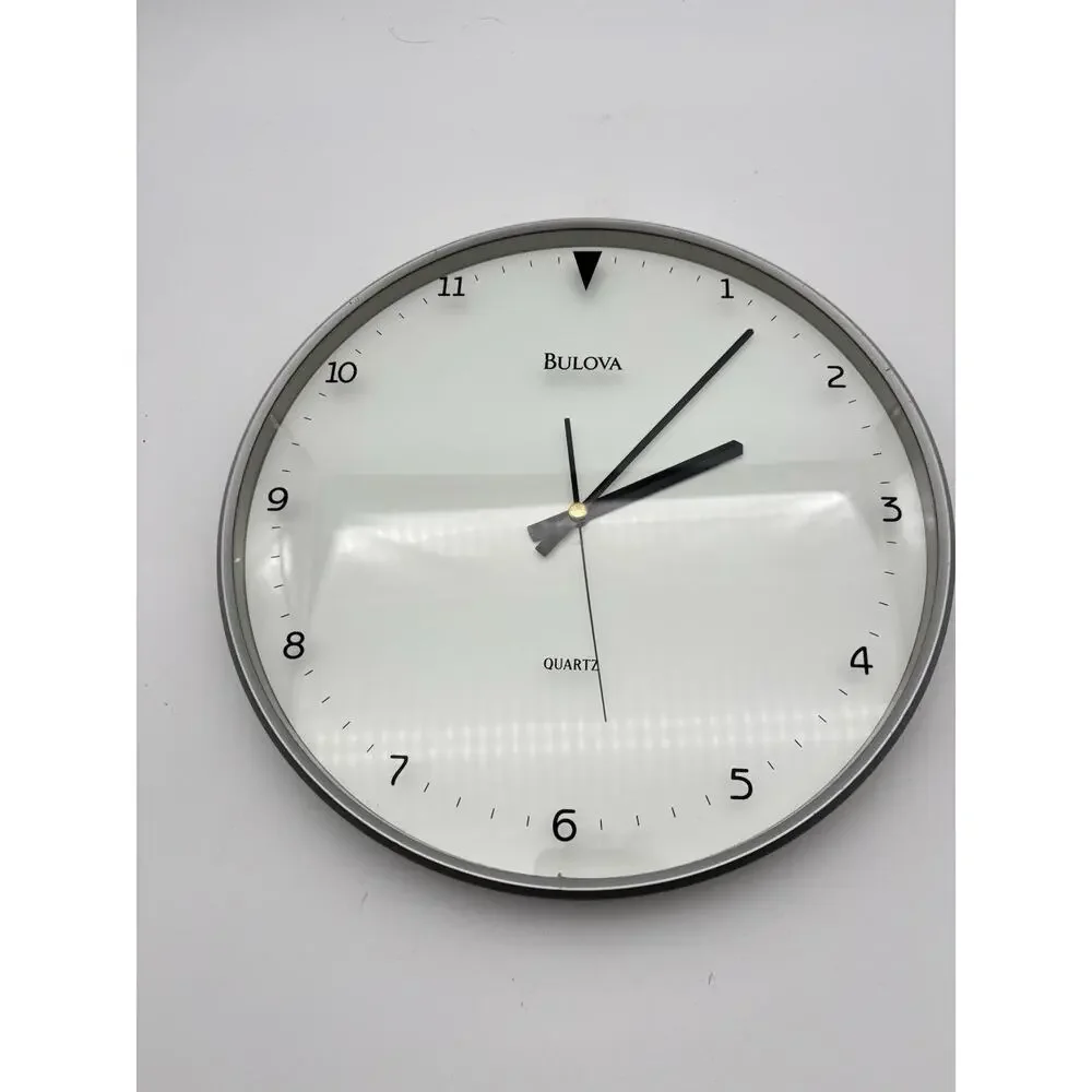 Bulova Quartz White Wall Clock 12”x 12”. Tested Works. Very Good Condition.